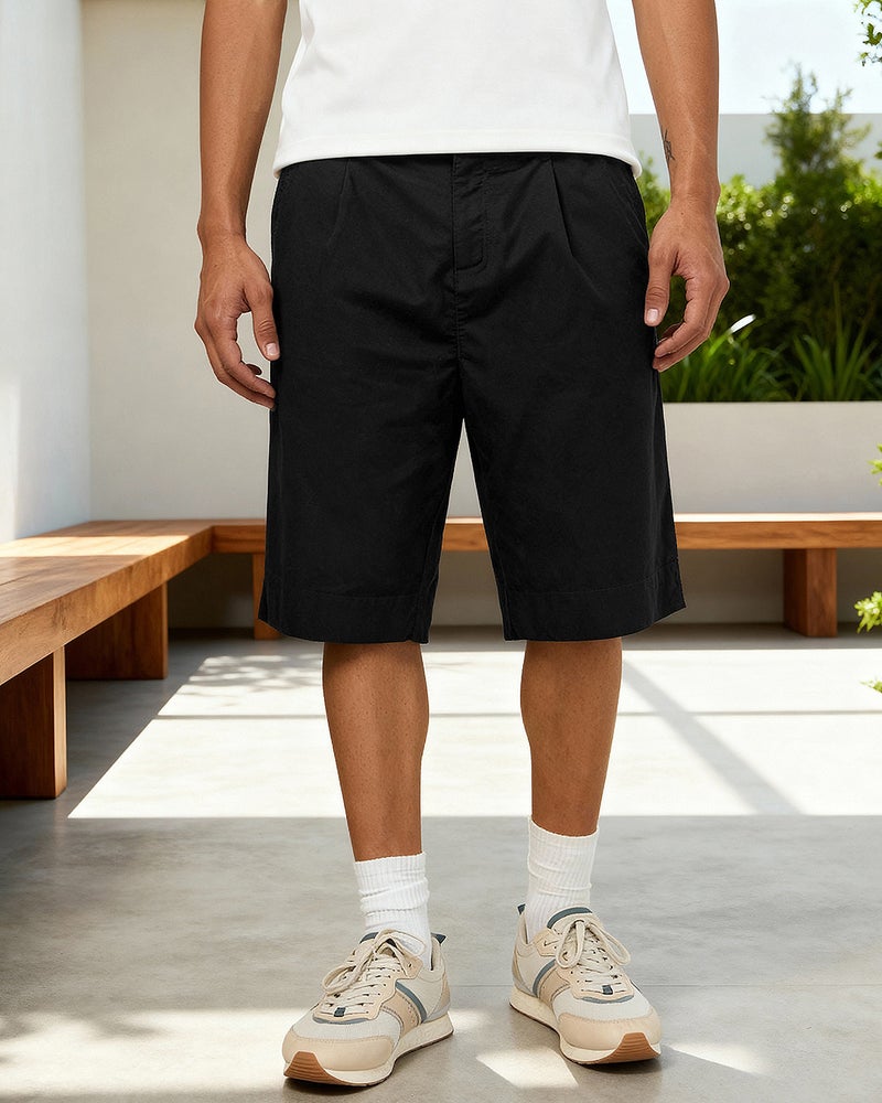 bewakoof Men's Jet Black Oversized Cotton Linen Shorts - Image 1